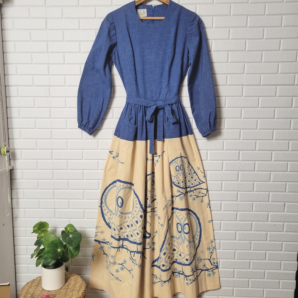 Vintage 70s Vested Gentress Owl Print Maxi Dress 10 Blue Beige Mod Pockets